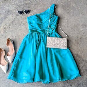 DaVinci Teal One Shoulder Floral Applique Chiffon Short Bridesmaid Dress